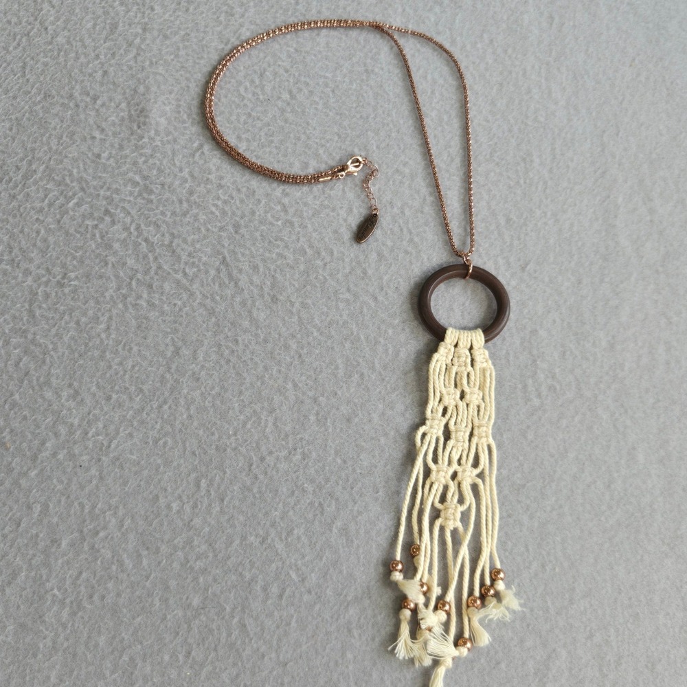 Plunder Design Pendant Necklace Womens OS Cream Wood Ring Tassel Boho Rose Gold